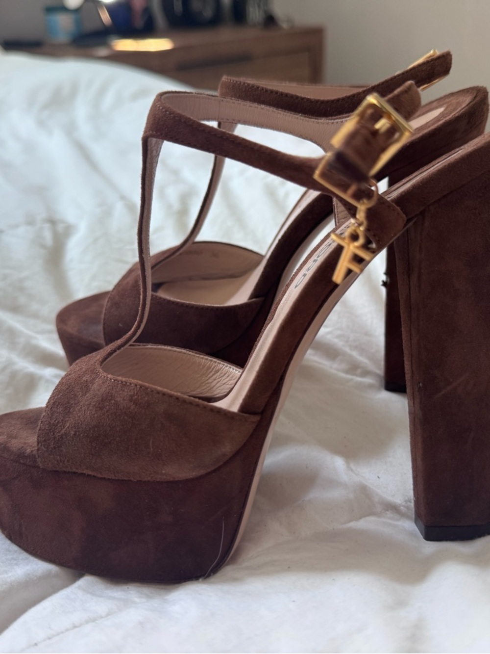 Tom Ford Brown Suede Platform T-Strap Block Heels